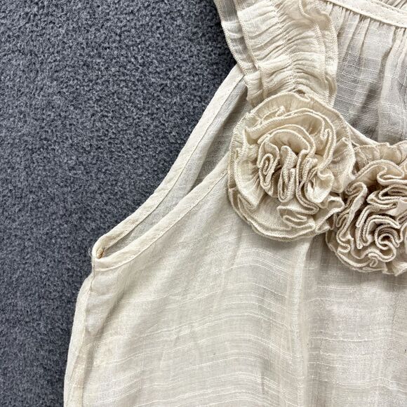 Mine Top Womens Small‎ Beige Ruffle Sleeveless Blouse semi sheer flower neck - Picture 4 of 14